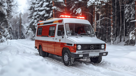 Big special blurred ambulance car races through bustling streets of City, beacon of hope and help in times of need.の素材