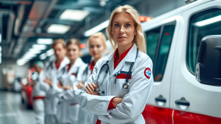 a team of professional paramedics rushes to help. People in red uniforms. Big special blurred ambulance car races through bustling streets of City, beacon of hope and help in times of need.の素材