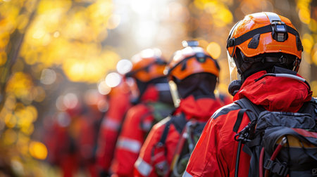 a team of professional paramedics rushes to help. People in red uniforms. Big special blurred ambulance car races through bustling streets of City, beacon of hope and help in times of need.の素材