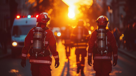 a team of professional paramedics rushes to help. People in red uniforms. Big special blurred ambulance car races through bustling streets of City, beacon of hope and help in times of need.の素材