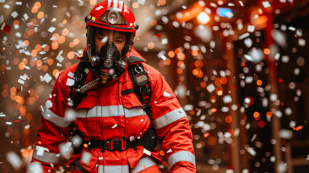 a team of professional paramedics rushes to help. People in red uniforms. Big special blurred ambulance car races through bustling streets of City, beacon of hope and help in times of need.の素材