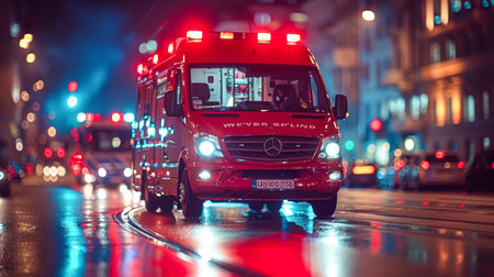 Big special blurred ambulance car races through bustling streets of City, beacon of hope and help in times of need.の素材