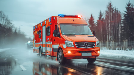 Big special blurred ambulance car races through bustling streets of City, beacon of hope and help in times of need.の素材