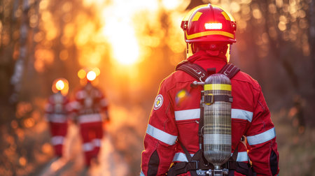 a team of professional paramedics rushes to help. People in red uniforms. Big special blurred ambulance car races through bustling streets of City, beacon of hope and help in times of need.の素材