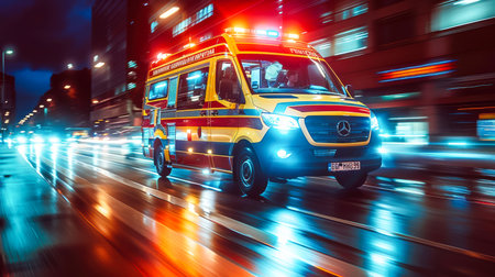 Big special blurred ambulance car races through bustling streets of City, beacon of hope and help in times of need.の素材
