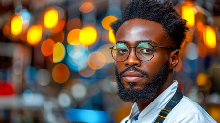 portrait of a smiling happy carefree man wearing stylish glassesの素材