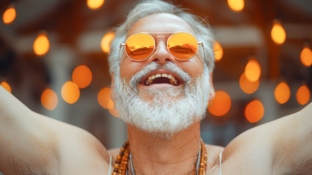 Front view portrait one senior gray-haired with a beard caucasian man old pensioner smileの素材