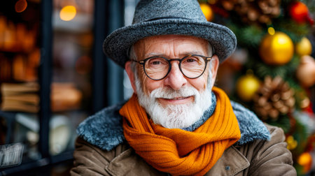 Front view portrait one senior gray-haired with a beard caucasian man old pensioner smileの素材