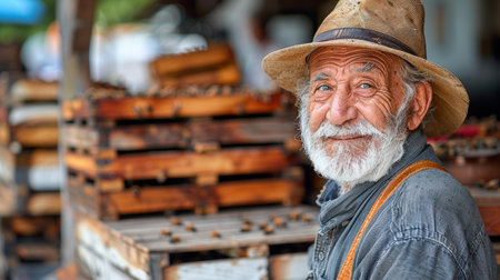 Front view portrait one senior gray-haired with a beard caucasian man old pensioner smileの素材