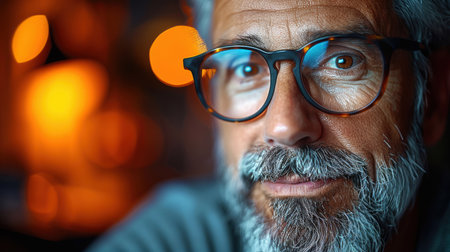 Front view portrait one senior gray-haired with a beard caucasian man old pensioner smileの素材