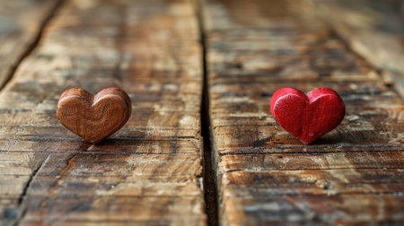 handmade hearts painted red and blue. vintage background for valentines day holidayの素材