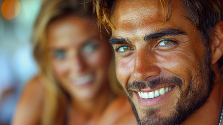 portrait of man and a woman. looking into each others eyes and appear to be in love. beautiful happy couple in love smartly dressed having fun togetherの素材