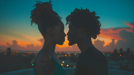 portrait of man and a woman. looking into each others eyes and appear to be in love. beautiful happy couple in love smartly dressed having fun togetherの素材