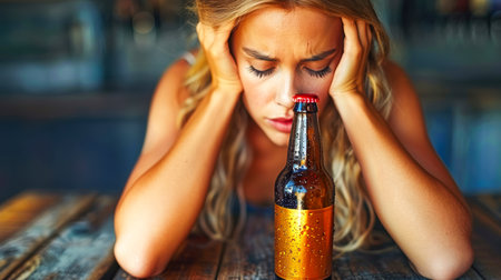 young beautiful woman is lonely and drunk. the problem of mental disorders in women. Alcoholism in connection with loneliness. Mental health concept. overdosage and female alcoholism concept.の素材