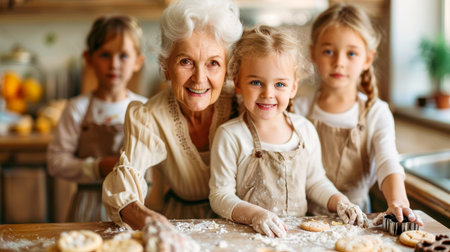 happy grandmother with grandchildren preparing cookies from dough and flour in the kitchen. Family values, two generations conceptの素材