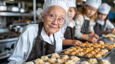 happy grandmother with grandchildren preparing cookies from dough and flour in the kitchen. Family values, two generations conceptの素材