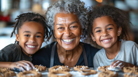 happy grandmother with grandchildren preparing cookies from dough and flour in the kitchen. Family values, two generations conceptの素材