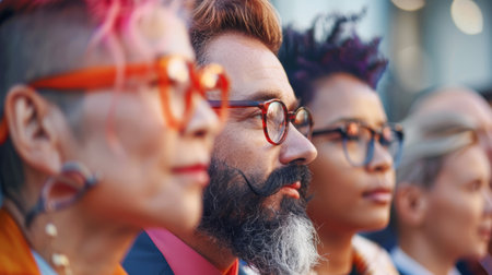 a cheerful company of happy people having a good time together. Men and women laughing and smiling. they are dressed in casual clothes, hugging and having fun. some of them are wearing glassesの素材
