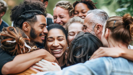 a cheerful company of happy people having a good time together. Men and women laughing and smiling. they are dressed in casual clothes, hugging and having fun. some of them are wearing glassesの素材