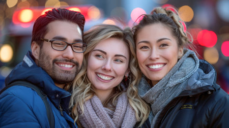 a cheerful company of happy people having a good time together. Men and women laughing and smiling. they are dressed in casual clothes, hugging and having fun. some of them are wearing glassesの素材