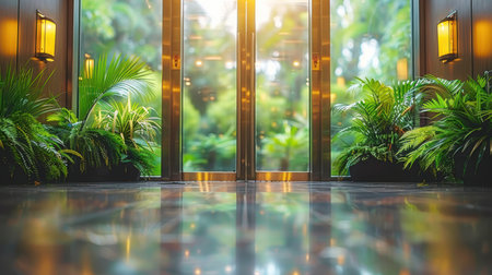 Modern and futuristic bright Interior of living room with green houseplants sofas. bright and pastel colors, original colors, large windows and a lot of light in the roomの素材