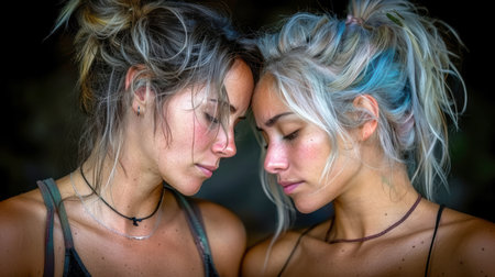 two carefree pretty girls hugging and laughing, having a good time. portrait of a happy lesbian coupleの素材