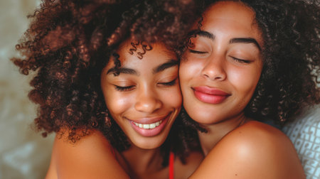 two carefree pretty girls hugging and laughing, having a good time. portrait of a happy lesbian coupleの素材