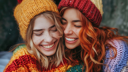 two carefree pretty girls hugging and laughing, having a good time. portrait of a happy lesbian coupleの素材