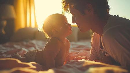 happy father spends time with his son. Father's Day. Parent and child. A man is happy in his family. Happy father with son are having fun on the field at summertime.の素材