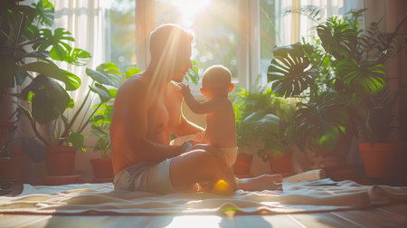 happy father spends time with his son. Father's Day. Parent and child. A man is happy in his family. Happy father with son are having fun on the field at summertime.の素材