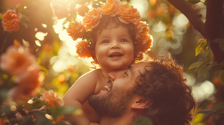 happy father spends time with his son. Father's Day. Parent and child. A man is happy in his family. Happy father with son are having fun on the field at summertime.の素材