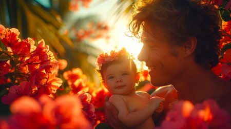 happy father spends time with his son. Father's Day. Parent and child. A man is happy in his family. Happy father with son are having fun on the field at summertime.の素材