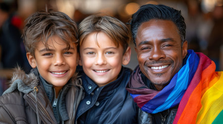 happy father spends time with his son. Father's Day. Parent and child. A man is happy in his family. Happy father with son are having fun on the field at summertime.の素材
