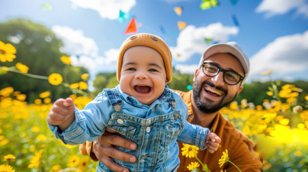 happy father spends time with his son. Father's Day. Parent and child. A man is happy in his family. Happy father with son are having fun on the field at summertime.の素材