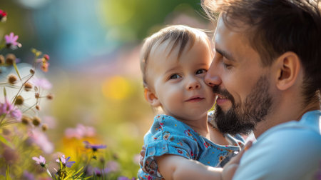 happy father spends time with his son. Father's Day. Parent and child. A man is happy in his family. Happy father with son are having fun on the field at summertime.の素材
