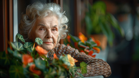 stunning beautiful and self confident best aged woman with gray hair looking into camera, portrait. Generative AI imageの素材