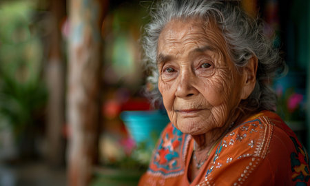 stunning beautiful and self confident best aged woman with gray hair looking into camera, portrait. Generative AI imageの素材