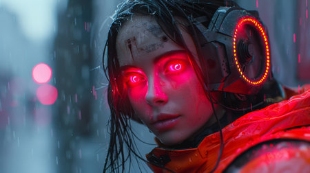 futuristic robot with glowing red eyes, intricate circuitry. metallic face illuminated by red lights. blurred background cityscape lights, enhancing advanced, intense atmosphere. AI generatedの素材