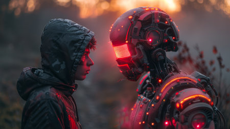 futuristic robot with glowing red eyes, intricate circuitry. metallic face illuminated by red lights. blurred background cityscape lights, enhancing advanced, intense atmosphere. AI generatedの素材