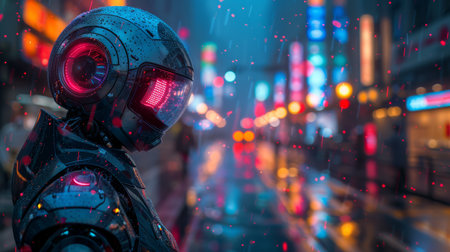 futuristic robot with glowing red eyes, intricate circuitry. metallic face illuminated by red lights. blurred background cityscape lights, enhancing advanced, intense atmosphere. AI generatedの素材