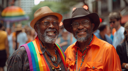 a couple of happy older gay men at a gay parade in smart clothes. There are rainbow flags and happy laughing people all around them. AI generatedの素材