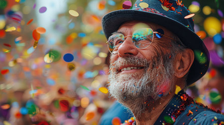 a couple of happy older gay men at a gay parade in smart clothes. There are rainbow flags and happy laughing people all around them. AI generatedの素材