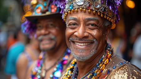 a couple of happy older gay men at a gay parade in smart clothes. There are rainbow flags and happy laughing people all around them. AI generatedの素材