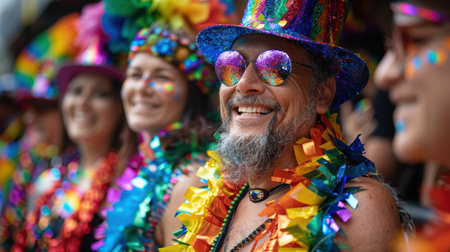 a couple of happy older gay men at a gay parade in smart clothes. There are rainbow flags and happy laughing people all around them. AI generatedの素材