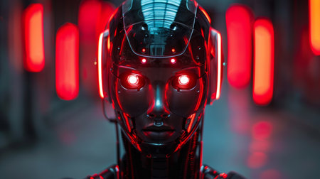 futuristic robot with glowing red eyes, intricate circuitry. metallic face illuminated by red lights. blurred background cityscape lights, enhancing advanced, intense atmosphere. AI generatedの素材