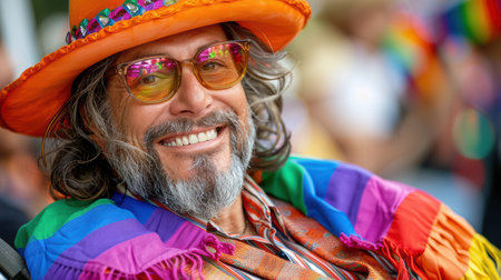 a couple of happy older gay men at a gay parade in smart clothes. There are rainbow flags and happy laughing people all around them. AI generatedの素材