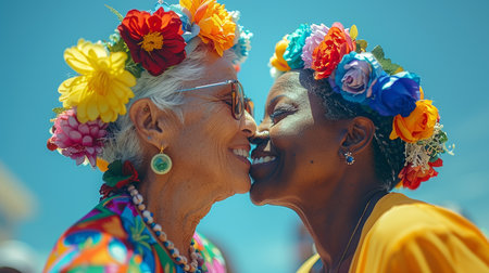 Senior gay lesbian couple kissing outside LGBTQ aged having tender moment during summer vacation. AI generatedの素材