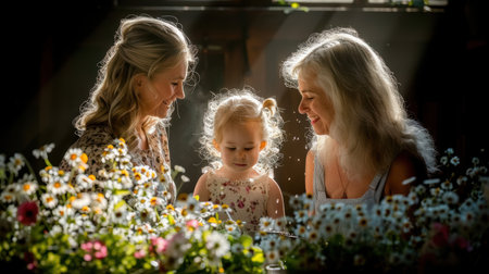 Lesbian couple kissing daughter. adopted or natural child of a same sex couple. AI generatedの素材