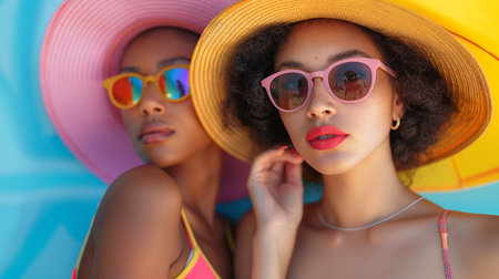 beautiful young bright fashionable girls in colorful swimsuits, sunglasses and large colored hats sunbathe and enjoy the summer. AI generatedの素材