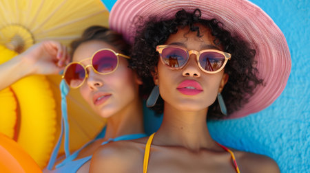 beautiful young bright fashionable girls in colorful swimsuits, sunglasses and large colored hats sunbathe and enjoy the summer. AI generatedの素材